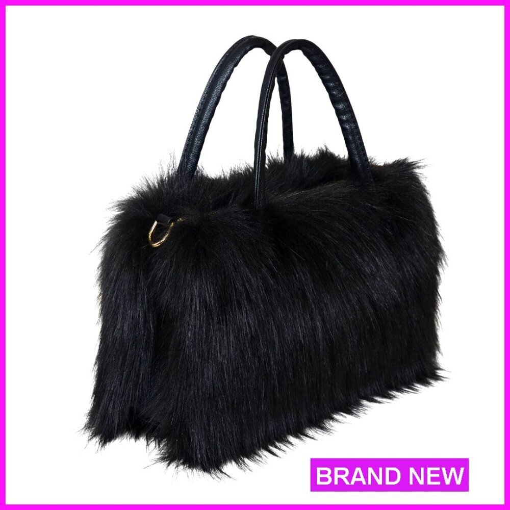 Faux Fur Shoulder Bag Crossbody Tote with Leather Handle Structured Purse